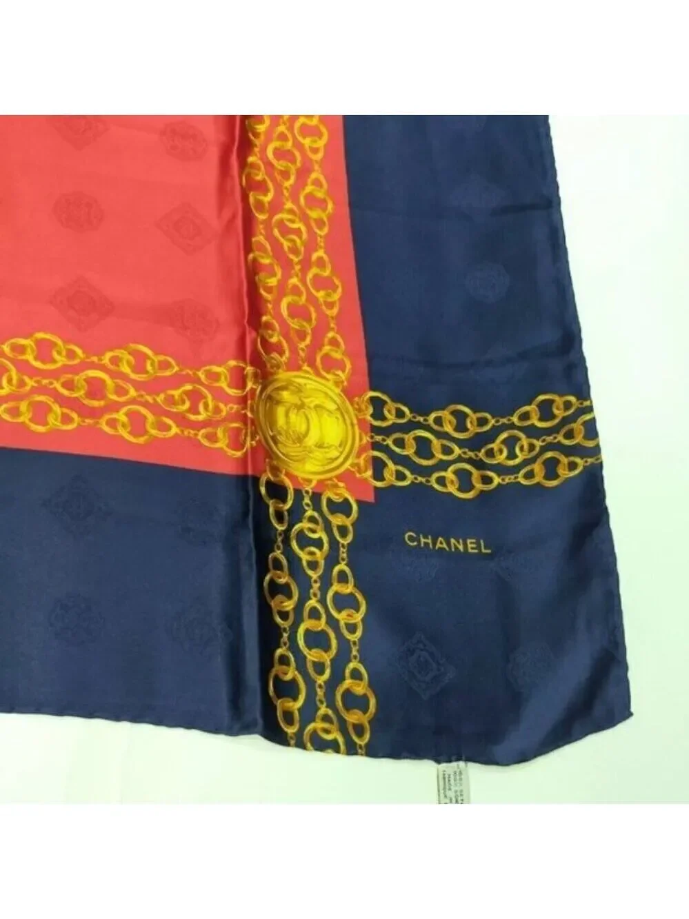 Chanel Vintage Silk Scarf Navy Red Gold Chain Medallion Square Designer Wrap